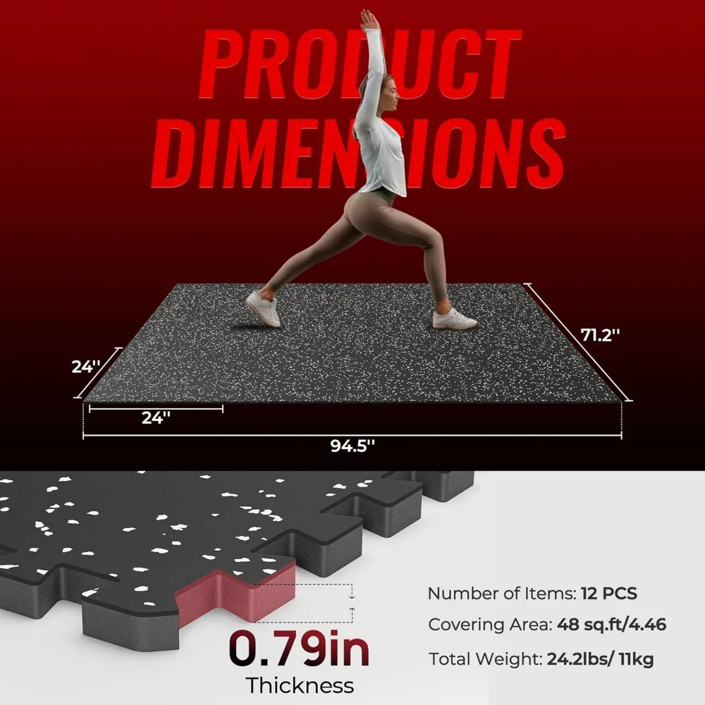 0.79'' extra-thick exercise equipment mats, 12 pcs 48 sq ft rubber top floor tiles with high density eva foam, interlocking gym