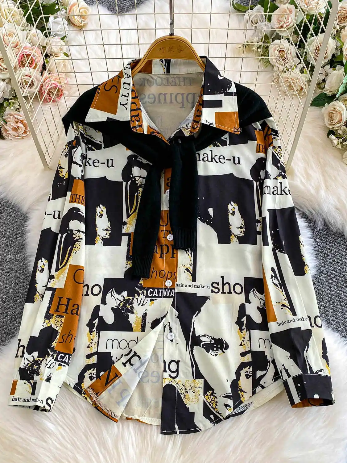 Camisas e blusas femininas com estampa branca, vintage y2k, estética, elegante, 2000s, manga comprida, gola polo, roupas de outono