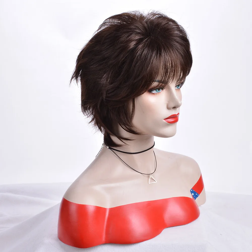 شعر مستعار قصير بمظهر طبيعي للنساء بني داكن مع غرة شعر صناعي مقاوم للحرارة #3