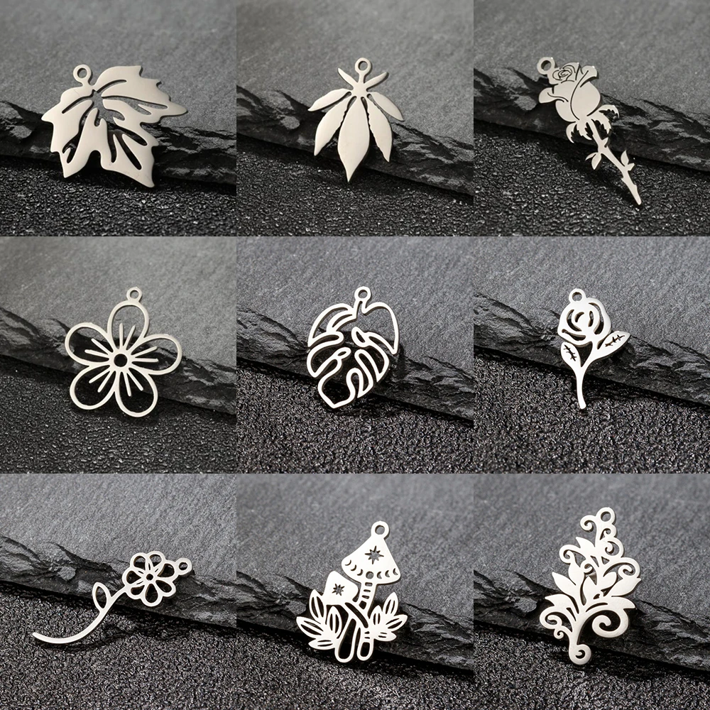 5Pcs/Lot Stainless Steel Maple Leaf Charms For Women Monstera Palm Tree Flower Pendants Diy Plant Jewelry Materials Wholesale