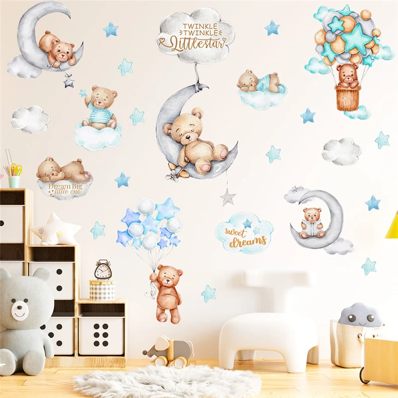 Cartoon Bear With Balloon Moon Star Wall Stickers For Kids Bedroom Decoration Animals Mural Art Diy Home Decal Baby's Poster