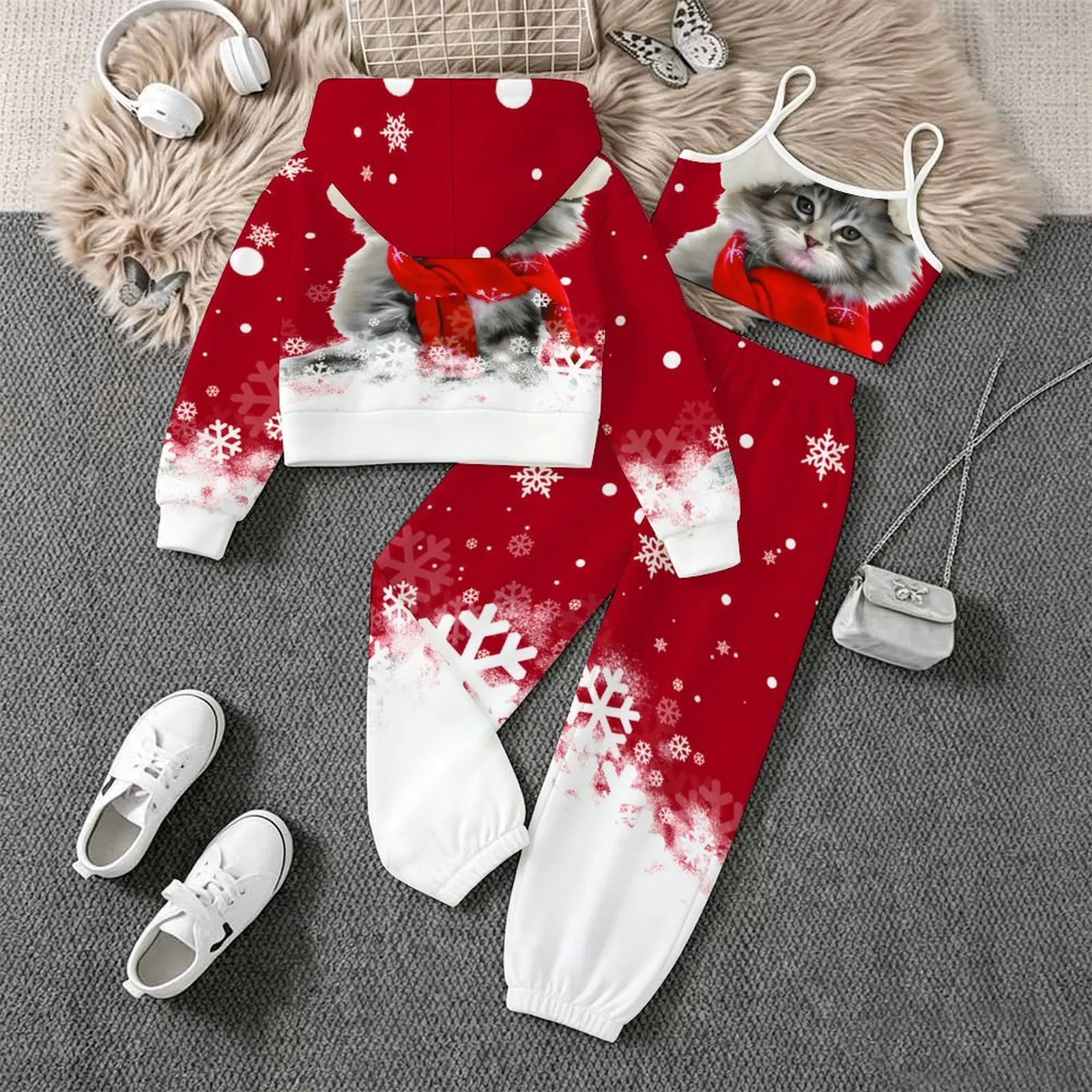 3pcs Kids Zip Tops Three-piece Suit Children's Christmas Long Sleeve Coat Autumn Girls Casual Set Fashion Print Jogger Pants