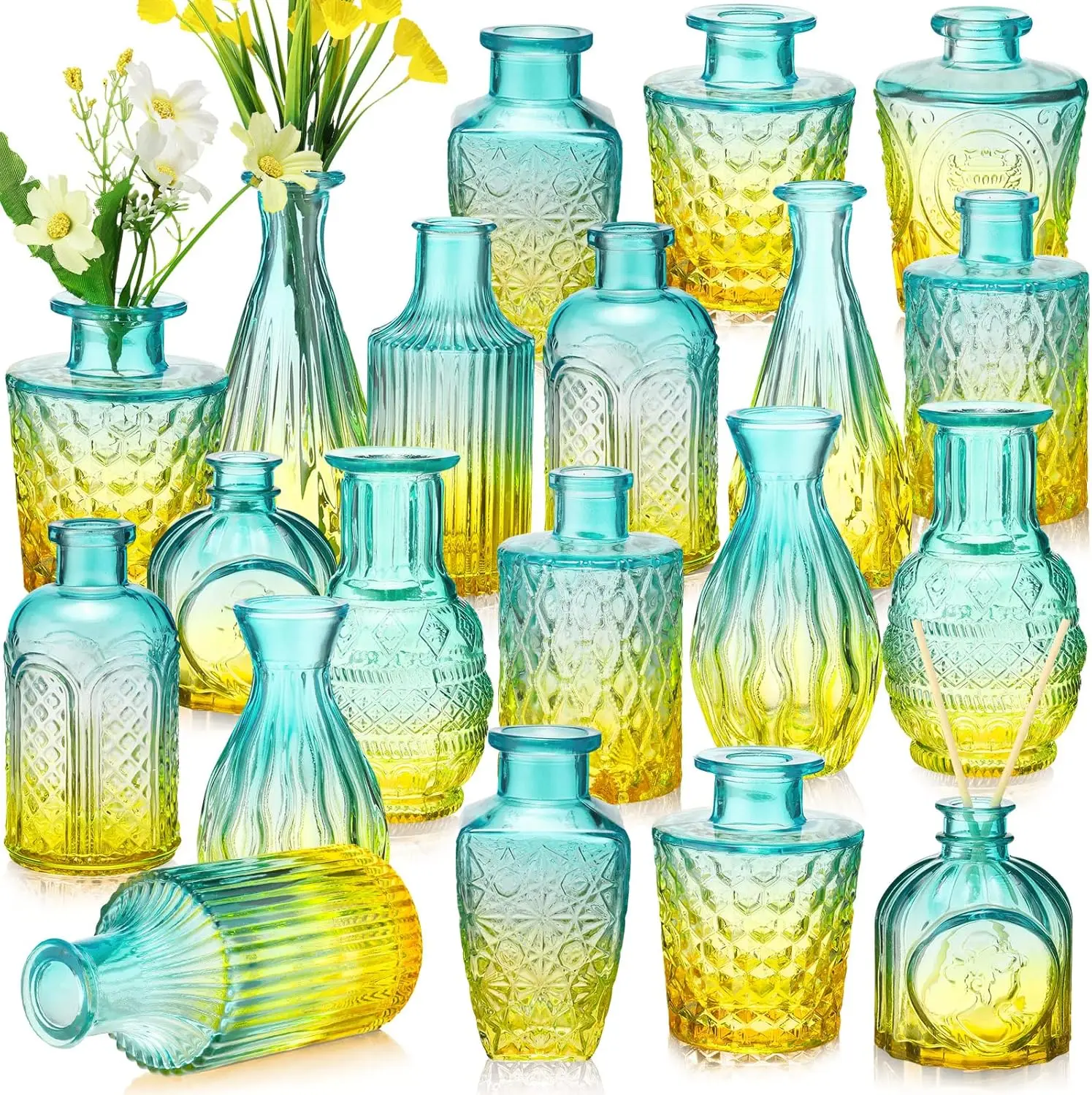 

20 Pcs Glass Bud Vase Set Small Vases Cute Glass Vases for Centerpieces Wedding Table Home Christmas Decoration (Blue, Yellow)