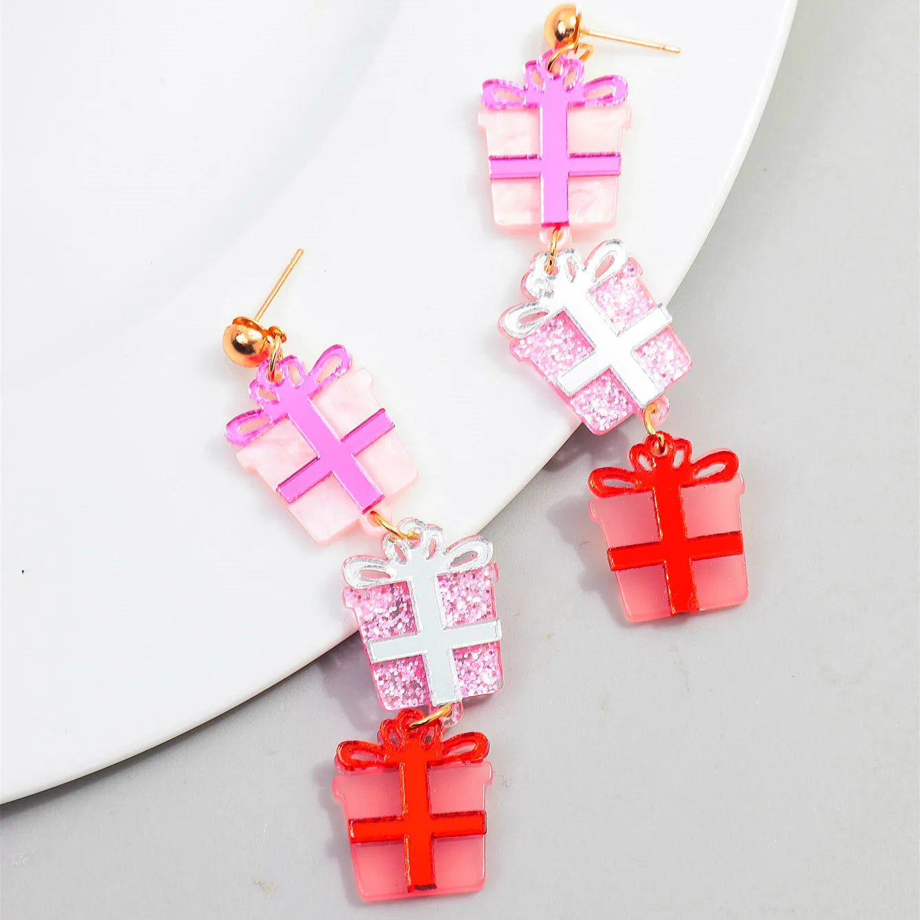 New Pink Glitter Christmas Gift Acrylic Earrings for Women Girls Cute Sweet Mirror Bowknot Box Long Dangle Earring Party Jewelry