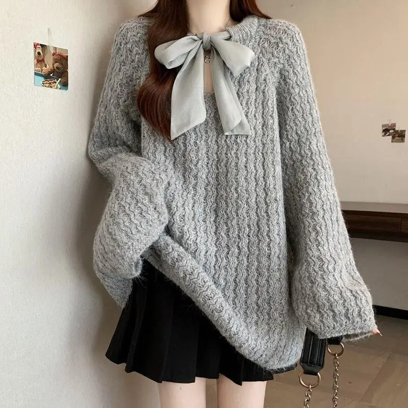 

Свитер, трикотаж, женская одежда, большой размер, зимний пушистый свитер, свободный утягивающий бант, вязаный свитер в ленивом стиле