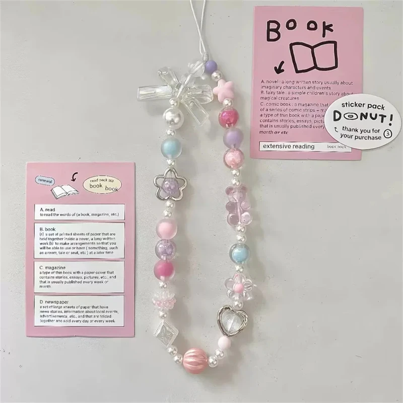 Cute Pink Bear Bow Pendant Beaded Phone Chain For iPhone Fashion Hanging Rope Women Anti-lost Lanyard Jewelry Charm Strap Gift