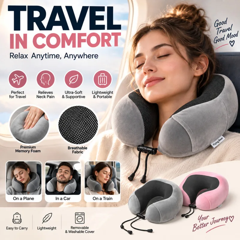 Portable Memory Foam U-Shape Travel Neck Pillow Support Cushion, Soft Neck Pillow Airplane Office Nap Car Birthday Holiday Gift