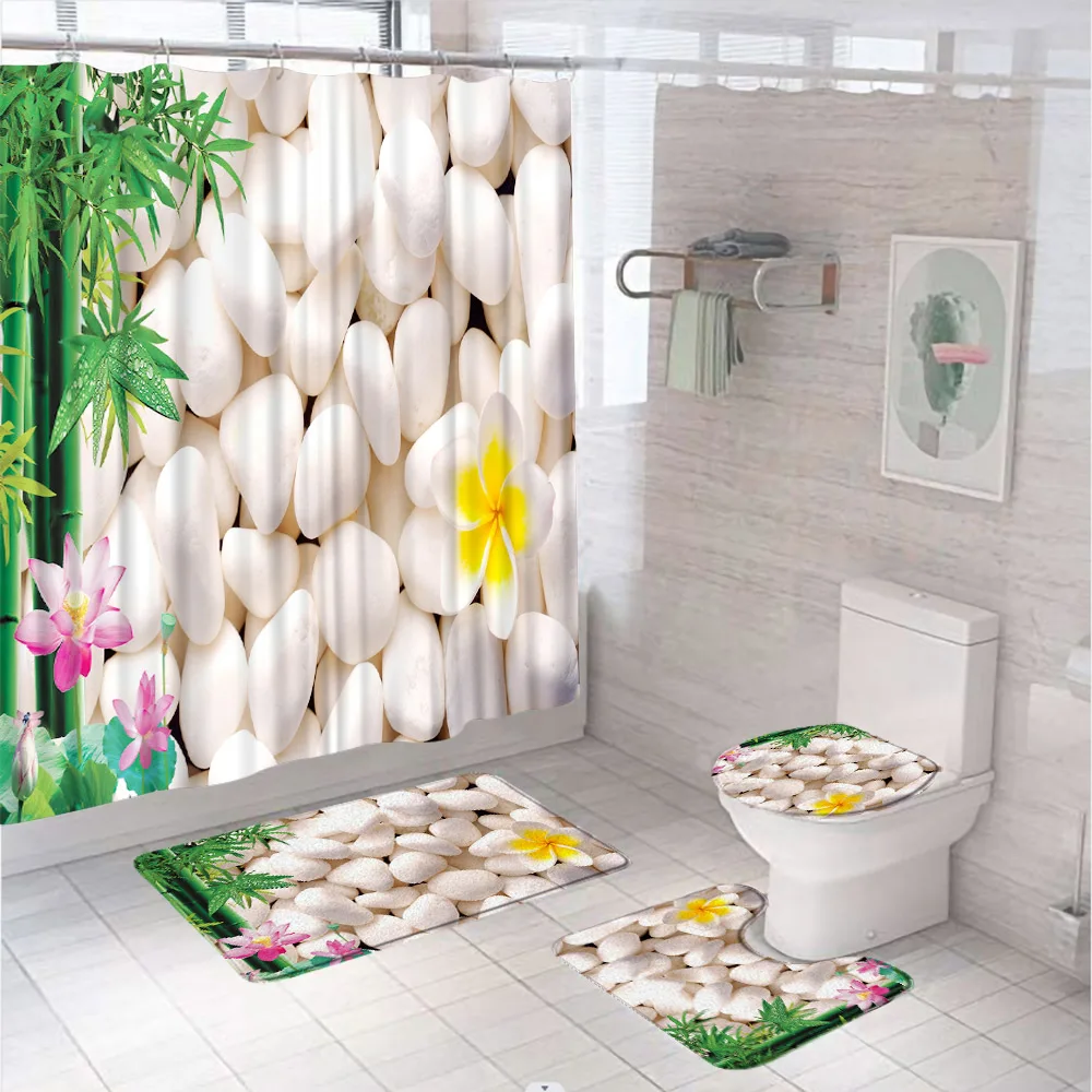 

3D White Pebble Stone Bamboo Shower Curtain Set Lotus Flower Leaves Bathroom Curtains 4Pc Non-Slip Rug Toilet Lid Cover Bath Mat