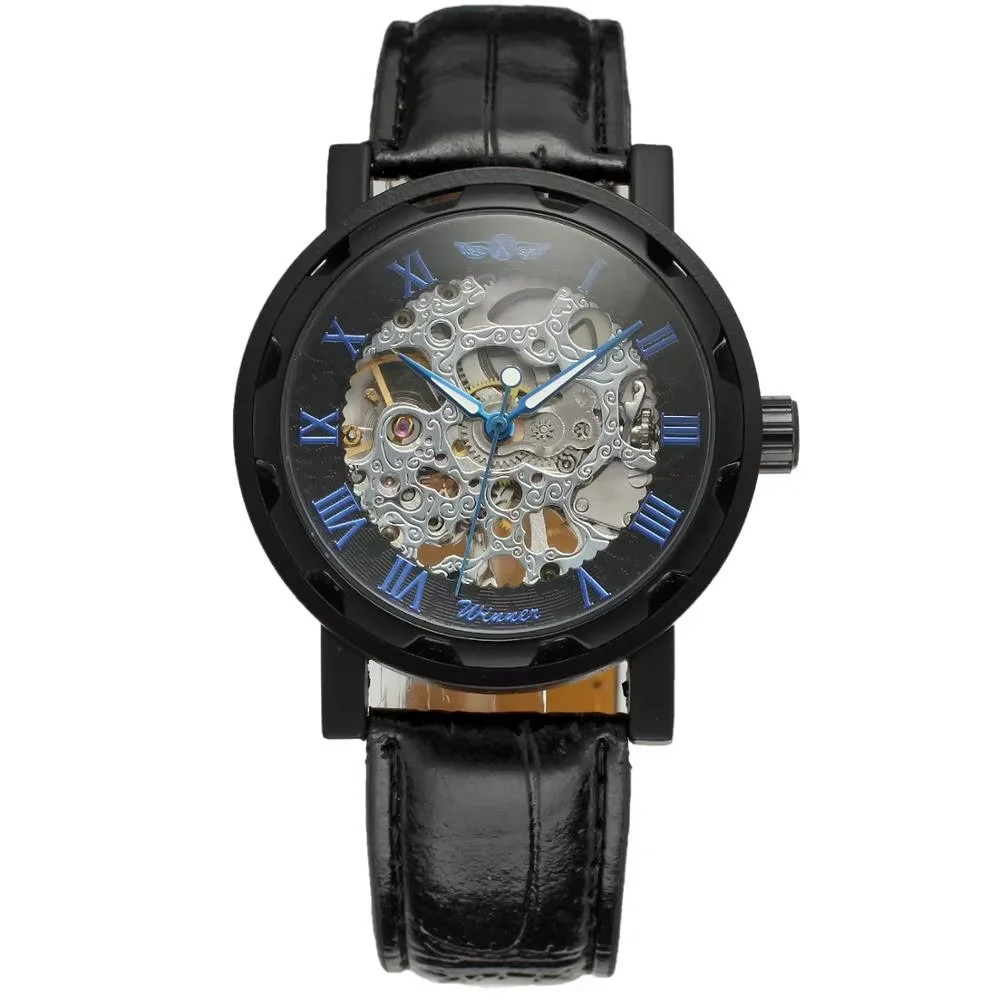 WINNER Fashion men's and women's watches creative design hollow design leather strap automatic mechanical watches
