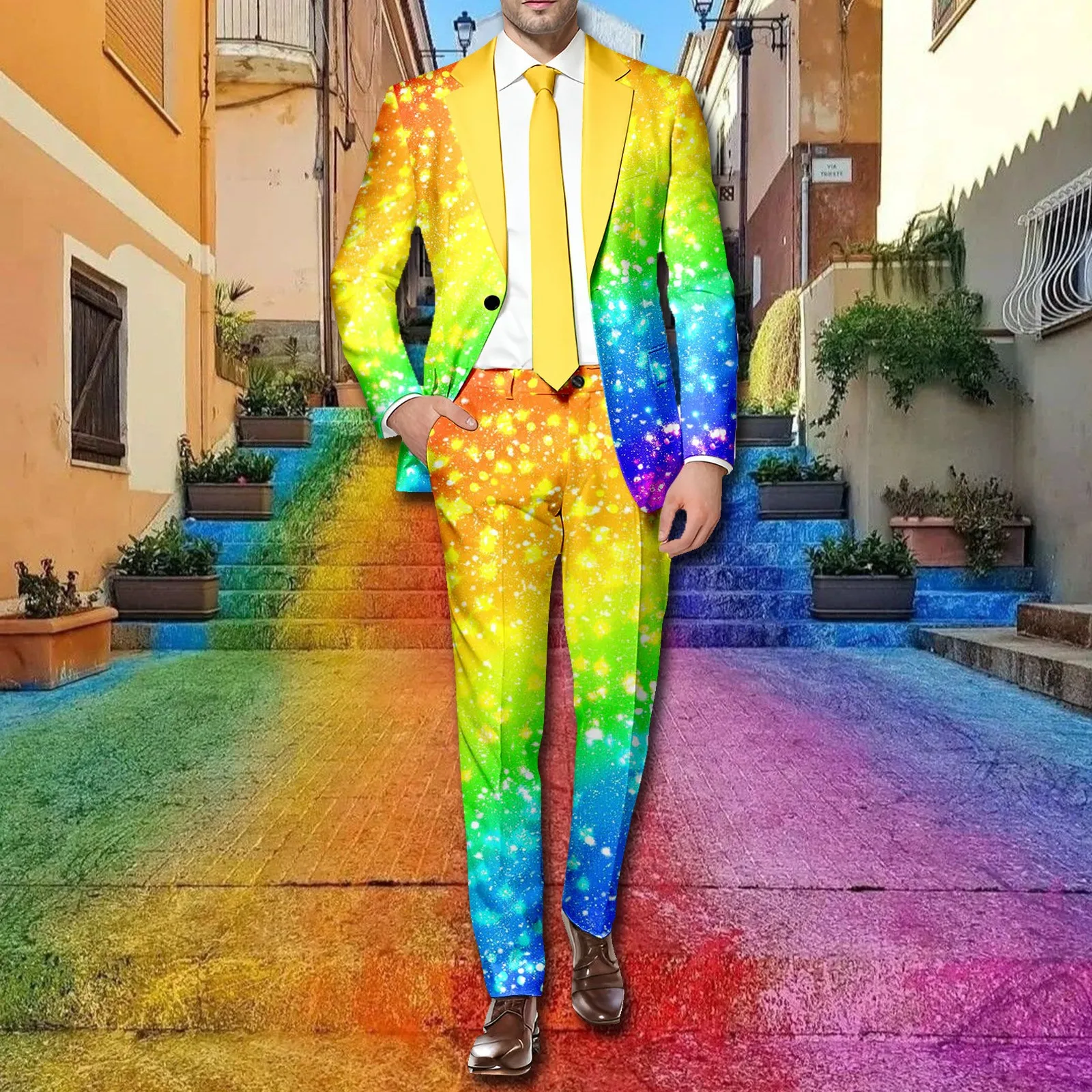 Rainbow Color Printed Men Suit 2 Piece Set Long Sleeve Blazer Coat And Pants Suit Button Jackets Holiday Party Wear Pant Suit