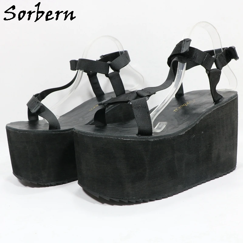 Sorbern Black Wide Flatform Wedges Thick Platform Sandals Women T-Strap Summer Shoes Custom Multi Colors Size 33-48 Eu