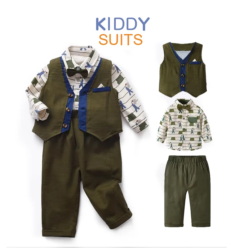 

Boys' Three-Piece Suit Long-Sleeved Shirt with Character Pattern Green Vest Gentleman's Dress for One-Year-Old Baby Clothes Set