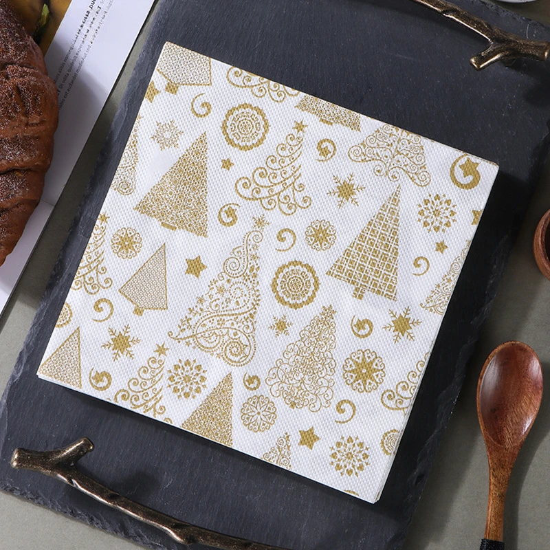 20Pcs Golden Christmas Tree Pattern Printed Napkins Party Tissue Paper Western Restaurant Bakery Suitable Exquisite Odorless