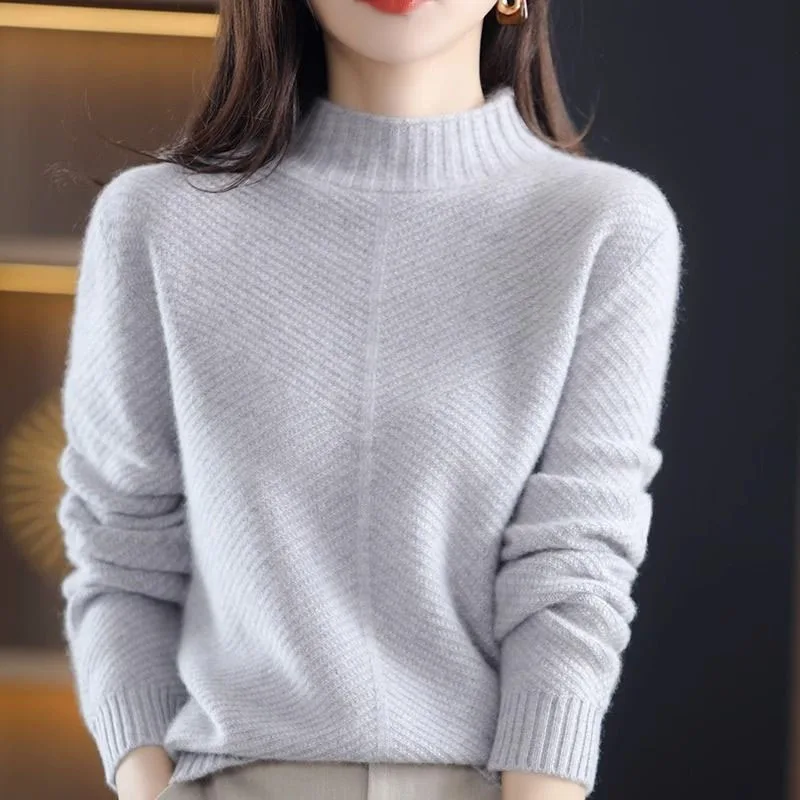 New Autumn/Winter Fashion Trend Solid Color Half High Neck Thickened Loose Versatile Western Style Slim Women\'s Knitted Sweater