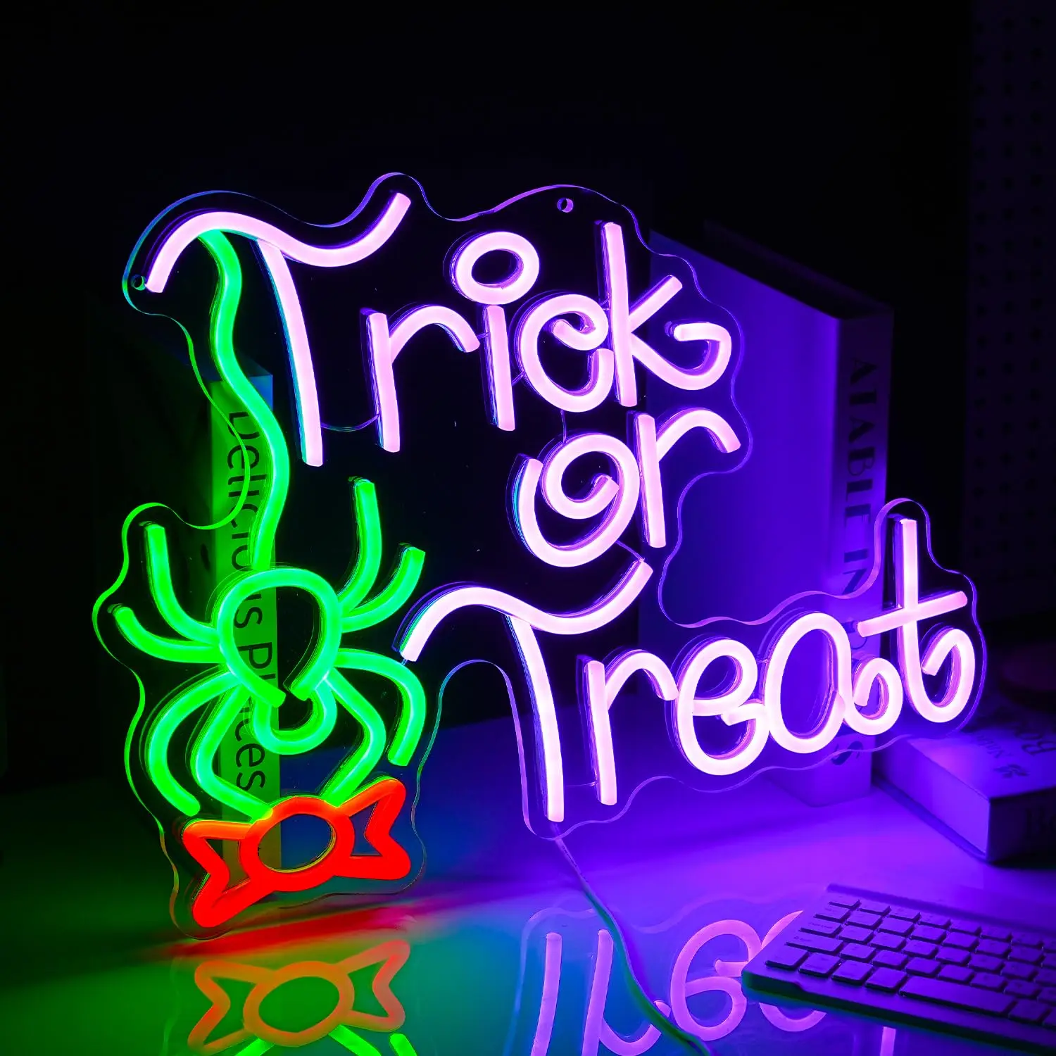 Trick Or Treat Neon Sign Funny Spider Candy LED Neon Light Wall Decor for Halloween Party Home Bedroom Club