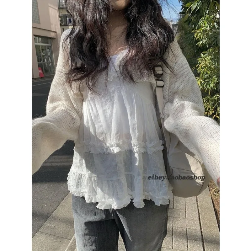 2024 summer for Women Crop Tops Vintage Korean Retro High Street Hooded Warm Soft Cashmere Cardigan + Vest 2 Pieces Suit