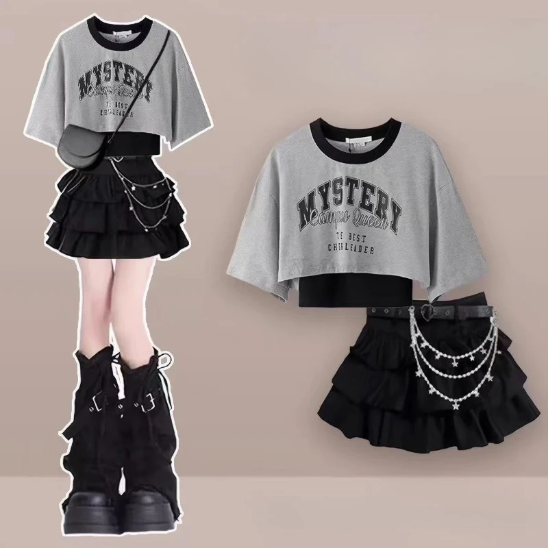 Y2K Sexy Harajuku Letter Print Chain Decor Crop Top Ruffle Tiered Mini Skirt 3 Piece Set Women Girls Daily Wear Clubwear Outfit