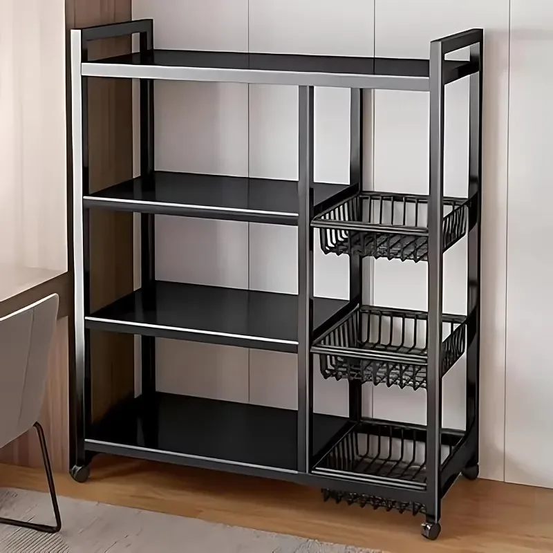 1pc Mobile Storage Rack, Adjustable 4-Tier Kitchen Shelf with 3 Wire Baskets, Kitchen Organizer and Storage Kitchen Accessories