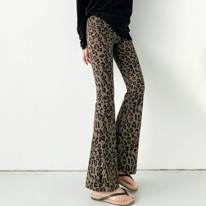 Pantaloni svasati con stampa leopardata attillati elastici casual a vita alta alla moda da donna