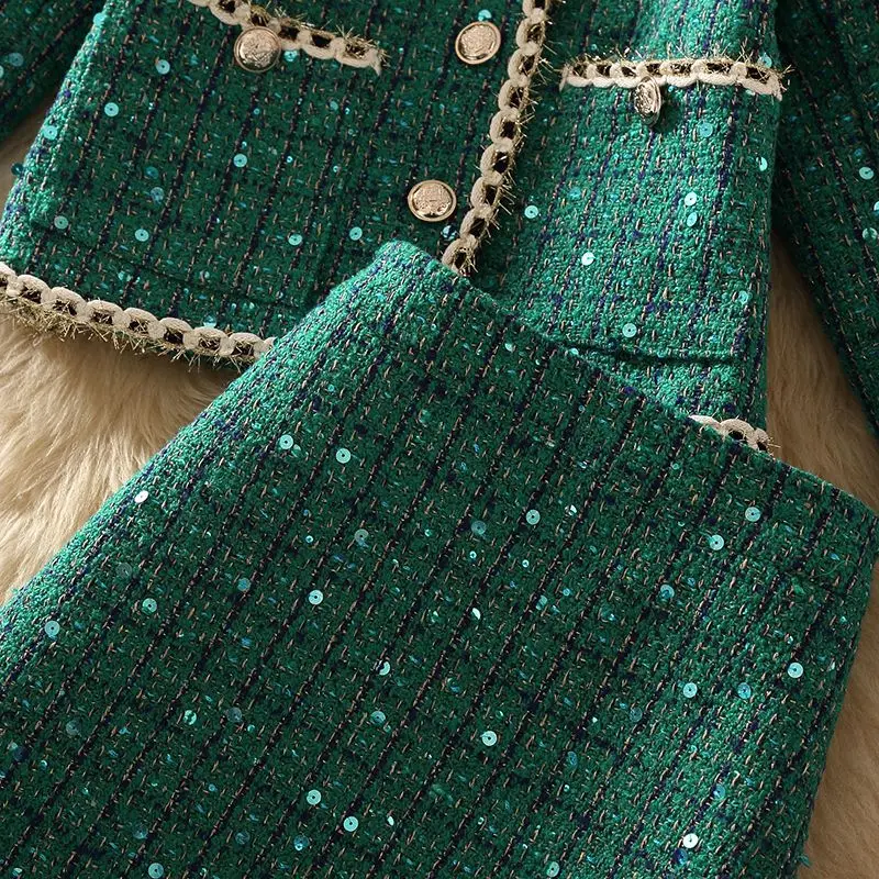 Women Winter Elegant Vintage Tweed Fragrant Suit Jacke Coat Top And Skirt Two Piece Set Outfit Jacquard Formal Party Clothing