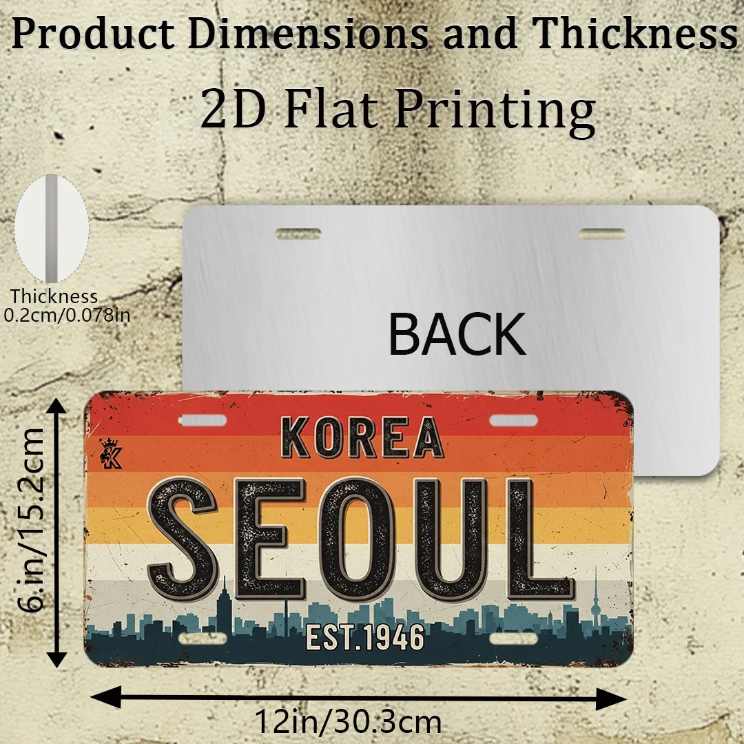 Korea Seoul EST.1946 Retro Sunset Skyline License Plate Style Metal Aluminum Plate Painting HD Print Bendable Wall Art Decor