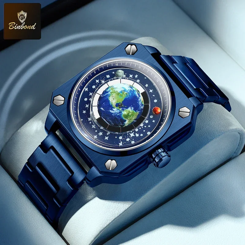 BINBOND Earth Watch For Men Rotating Earth Dial New Concept Of Creative Wormhole Blue Planet Pointer Steel Band Men Quartz Watch