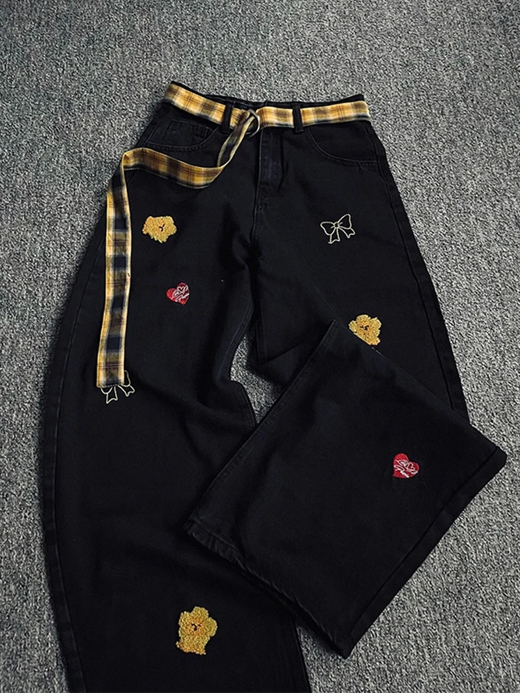 

Retro American Embroidered Plaid Belted Denim Jeans Men's Autumn Trendy Hip Hop Straight Leg Pants Casual Loose Fit Jeans