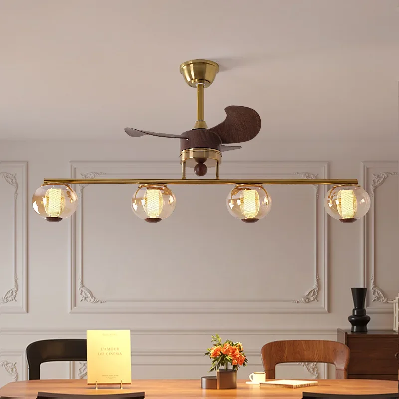 Medieval style long strip one-word restaurant fan light French pastoral glass tea room light American retro study chandelier