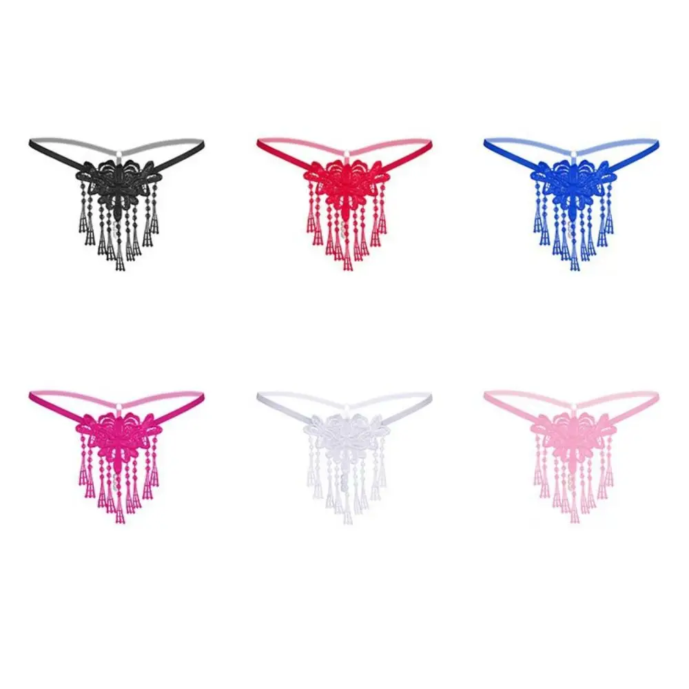 Cute tassel Lace Flower Panties Thin Belt Pearl String Sexy Mesh Thongs Underwear Low Waist Transparent T-Pants Gift