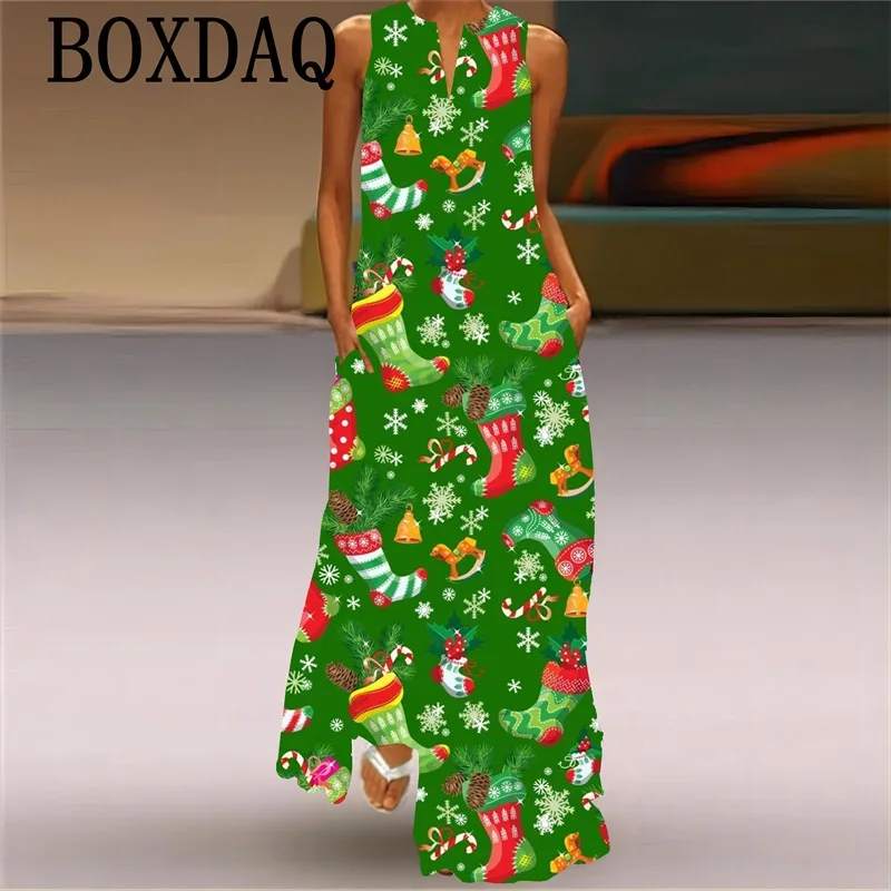 Robe longue de fête de Noël pour femmes, robe maxi à col en V, bloc de documents, impression d'arbre de Noël de dessin animé, vêtements féminins