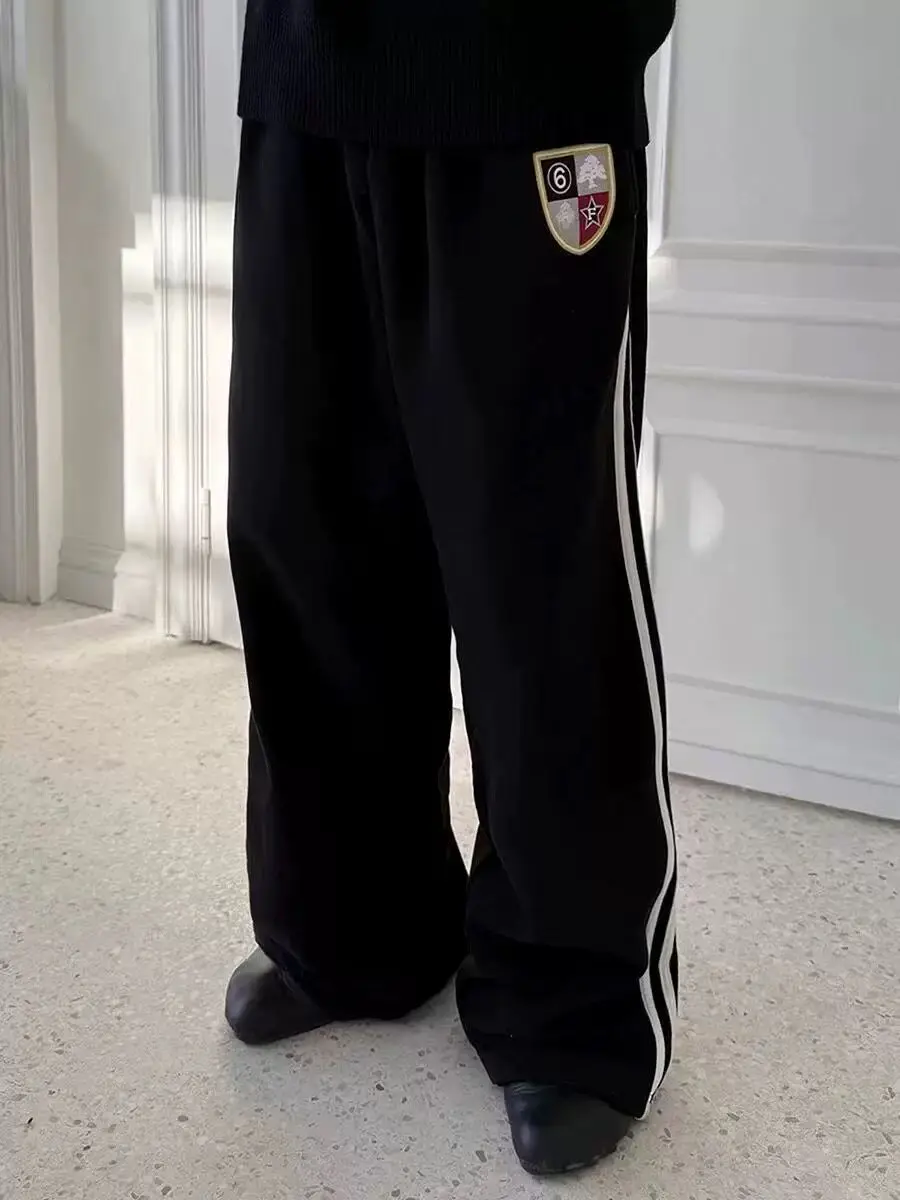 

Retro American Street Embroidered Patchwork Sweatpants Men's Women's CleanFit Stripe Loose Casual Couple Wide Leg Pants Trendy