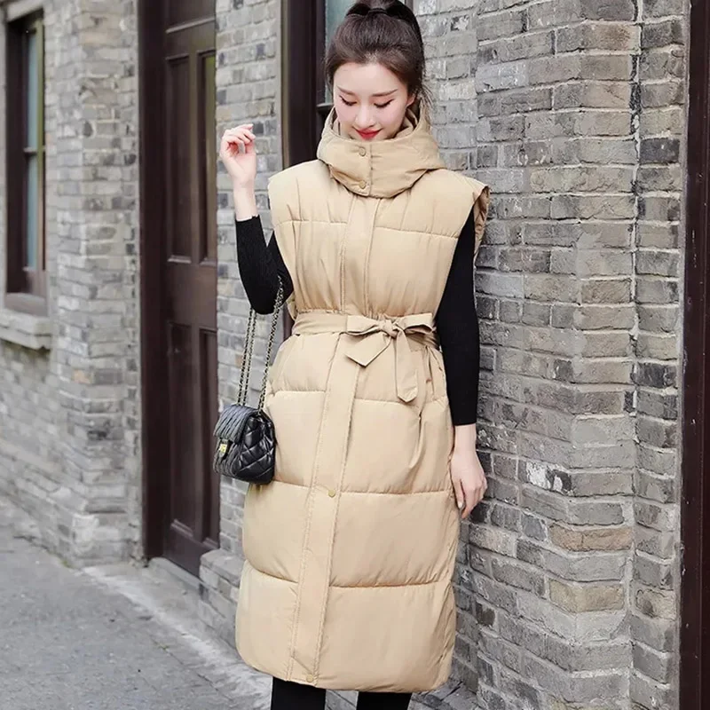 Herbst Winter Weibliche Lange Puffer Weste Ärmel Unten Baumwolle Mantel Frauen Lange Weste Koreanische Kapuze Puffer Weste Parkas Jacke