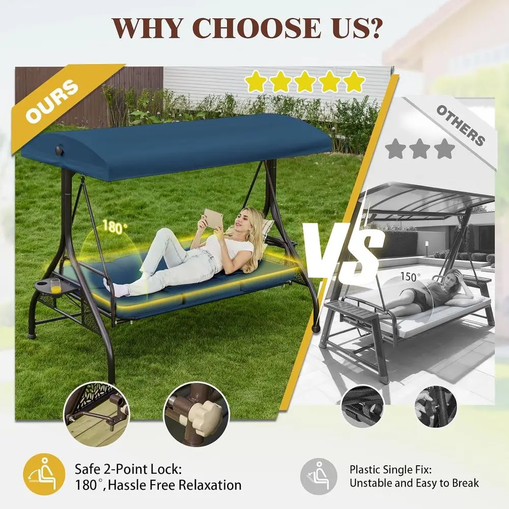 3 Seat Outdoor Patio Porch Swing with Stand and Adjustable | 3 in 1 Chair Swing Bed, 180° Recline, Heavy Duty, Removable Waterpr