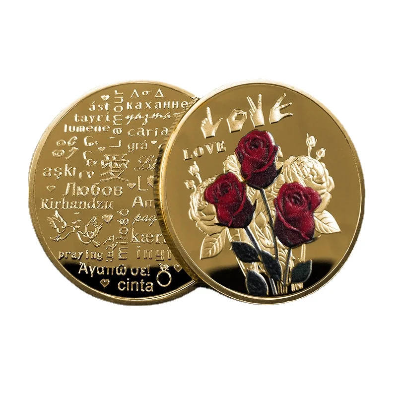 Rose Commemorative Coin 52 Languages of I Love You Collectible Wedding Souvenirs Metal Coins for Valentine's Day