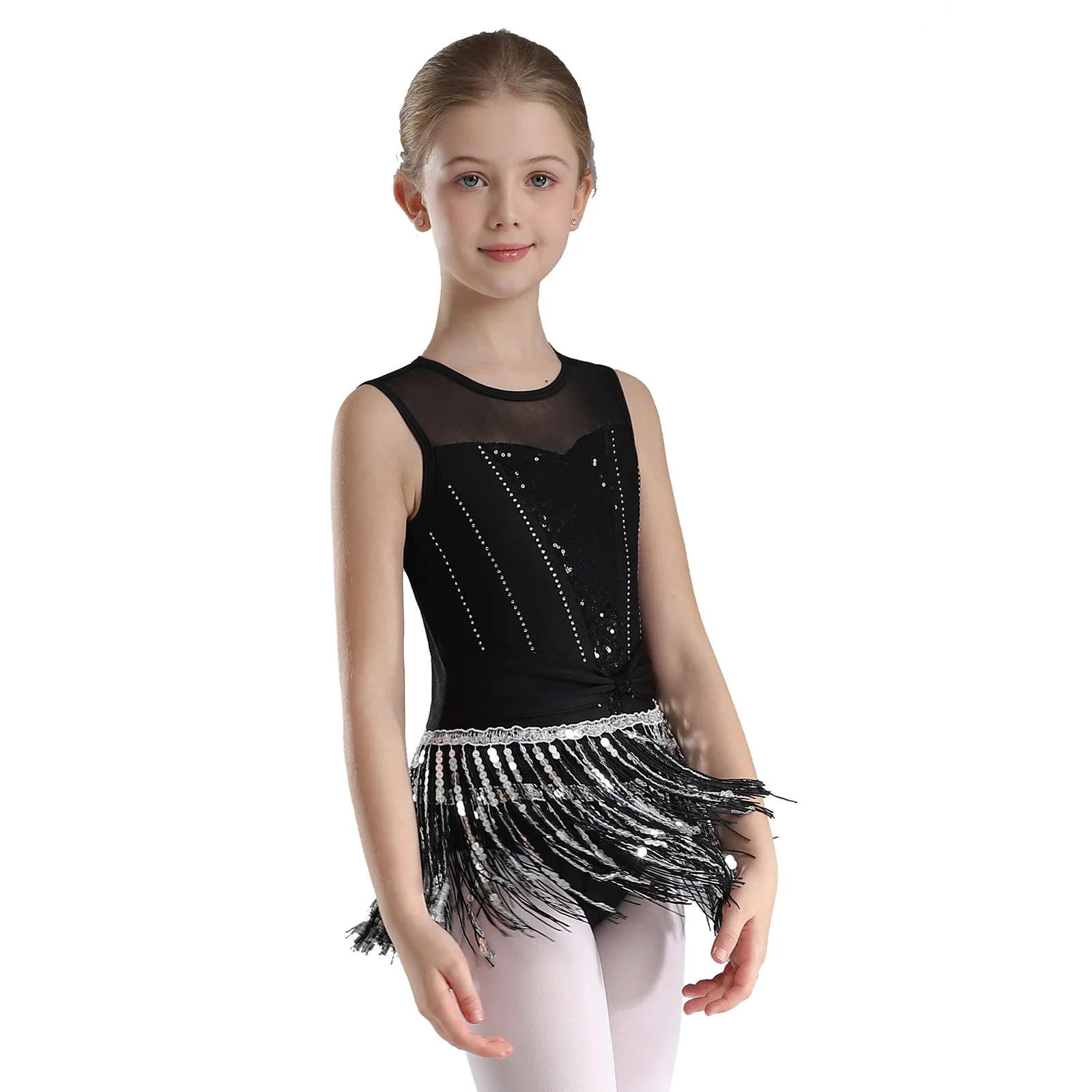 Kids Girls Sequins Latin Dance Dress Leotard Rumba Samba Salsa Jazz Dancing Stage Performance Costumes Ballroom Dancewear