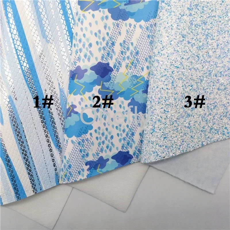 Onefly 21x29cm Blue and White Mixed Glitter Fabric, Metallic Synthetic Leather Sheets For Bow DIY  handbags shoes  BQ070