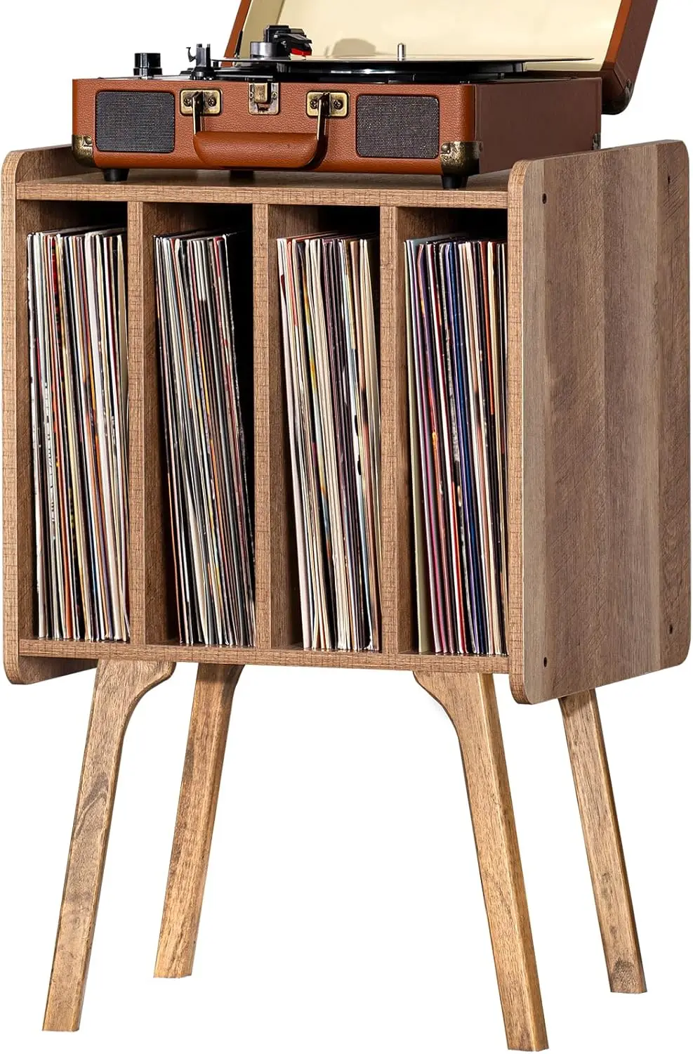 

Mid-Century Modern Vinyl Record Storage Table with 4 Cabinets, Holds 100+ Albums, Turntable Stand for Living Room Bedroom