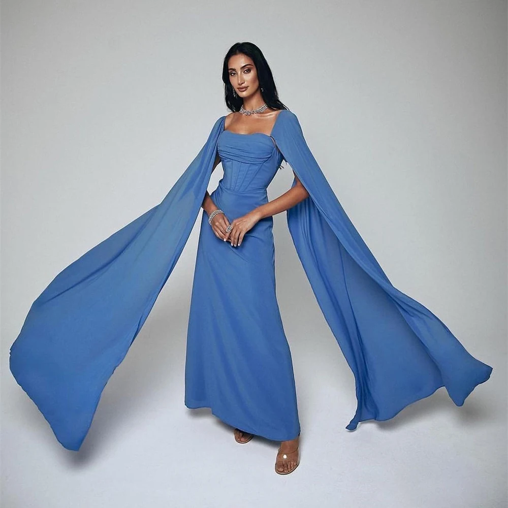 

Bafftafe Blue Chiffon Open Long Sleeves Prom Dresses Saudi Arabic Dubai Bones Pleated Women Evening Dress Formal Party Gowns