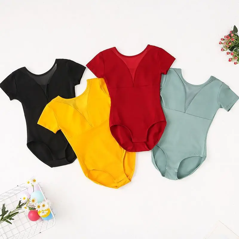 فستان ممارسة الرقص الصيني للأطفال فستان الباليه للفتيات بأكمام قصيرة للجمباز البدني