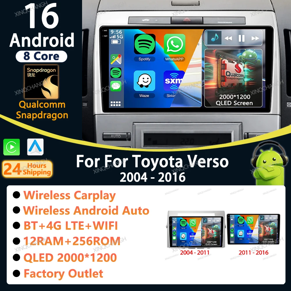 Android 16 Car Radio Carplay Auto For Toyota Verso 2004 - 2016 Audio Head Unit Dash Fitting Panel Kit Stereo Accessories Player