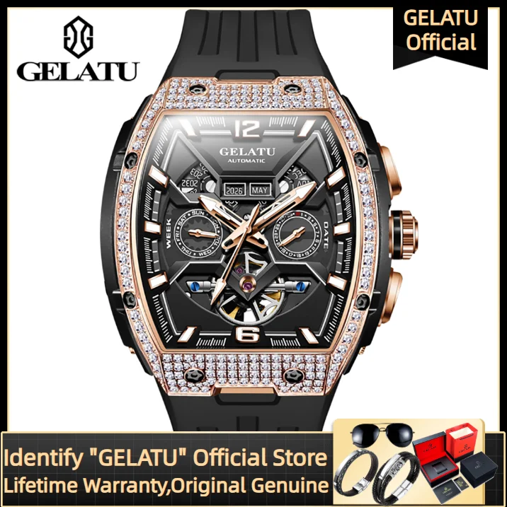

GELATU Diamond Watch Luxury Top Men's Watch Waterproof Luminous Calendar Skeleton Automatic Wristwatches