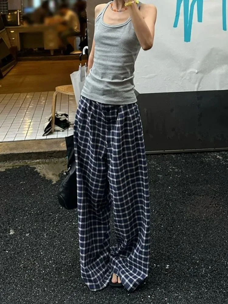 HOUZHOU Y2k Vintage Baggy Plaid Pants Woman Oversized Korean Fashion Harajuku Japanese Style Streetwear Gyaru Check Trousers