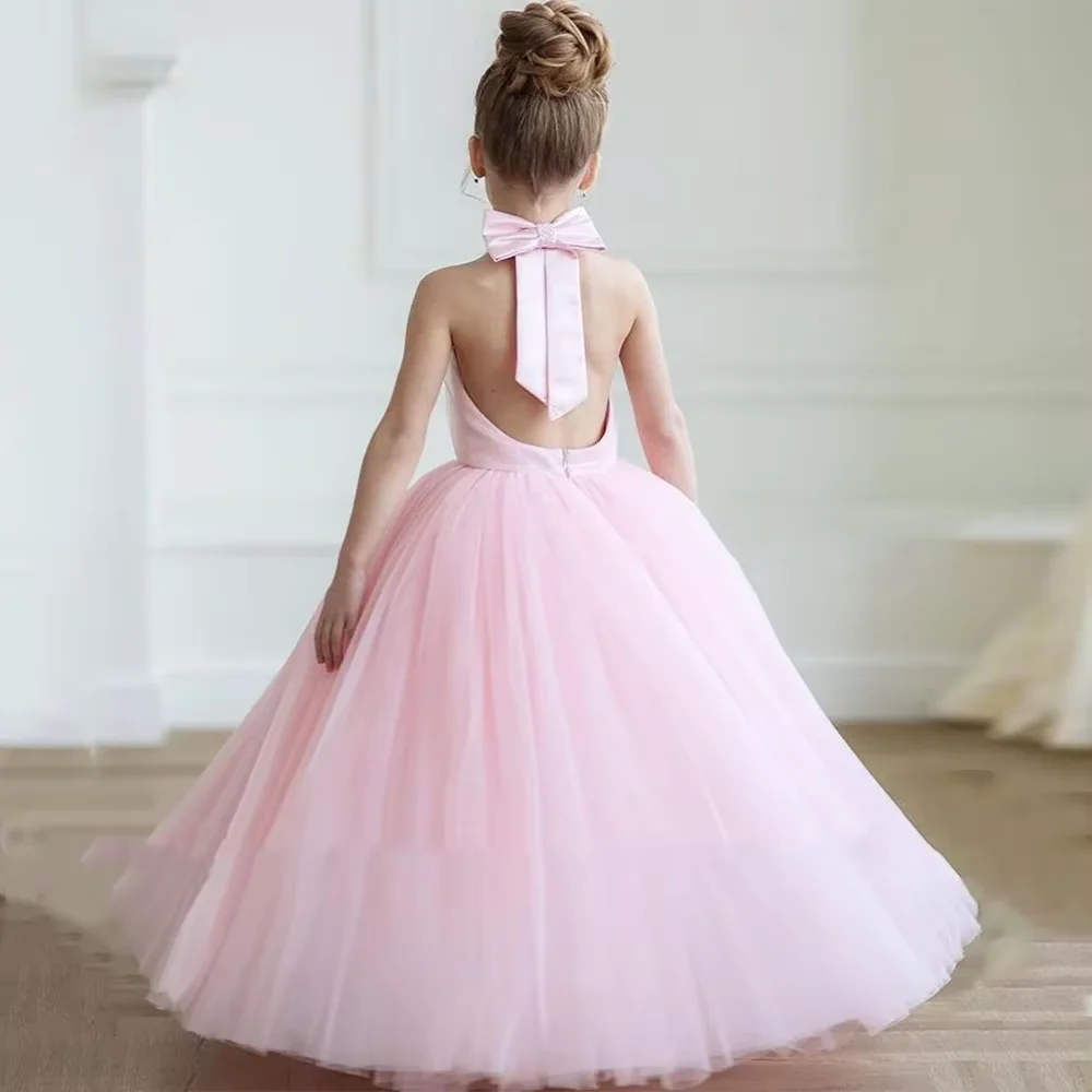 Princess Party Flower Girl Dress Pink Birthday  Halter Sleeveless Tulle Festive Costumes First Communion Dresses