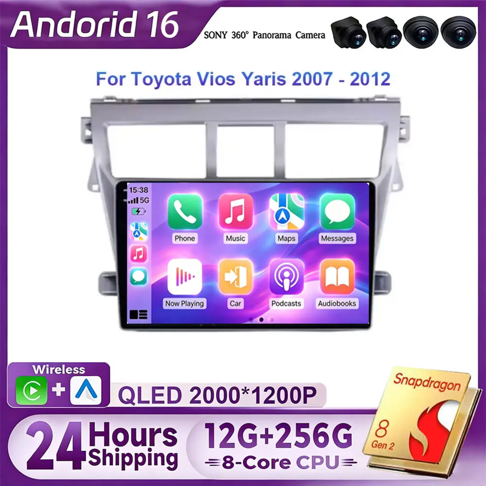 Android 16 Carplay Auto Car Radio For Toyota Vios Yaris 2007 - 2012 Navigation GPS Multimedia Player Stereo wifi+4G 360Camera BT