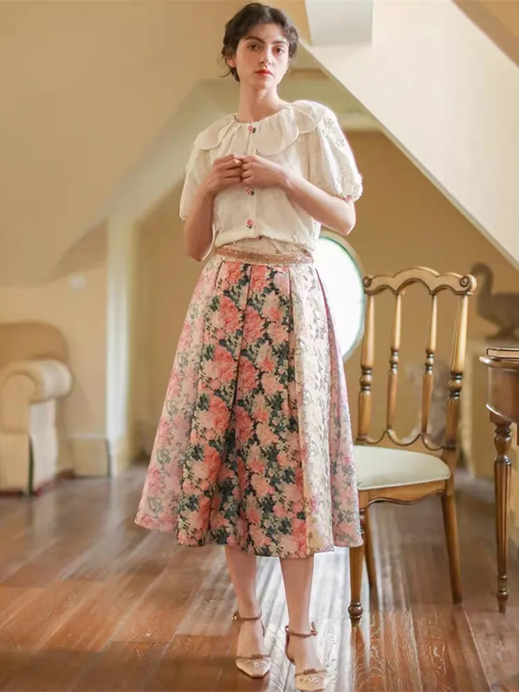 61-71cm Elastic Waist Spring Fall Skirts Women Elegant Handmade Beadings Shiny Sequins Vintage Jacquard Floral Big Swing Skirts