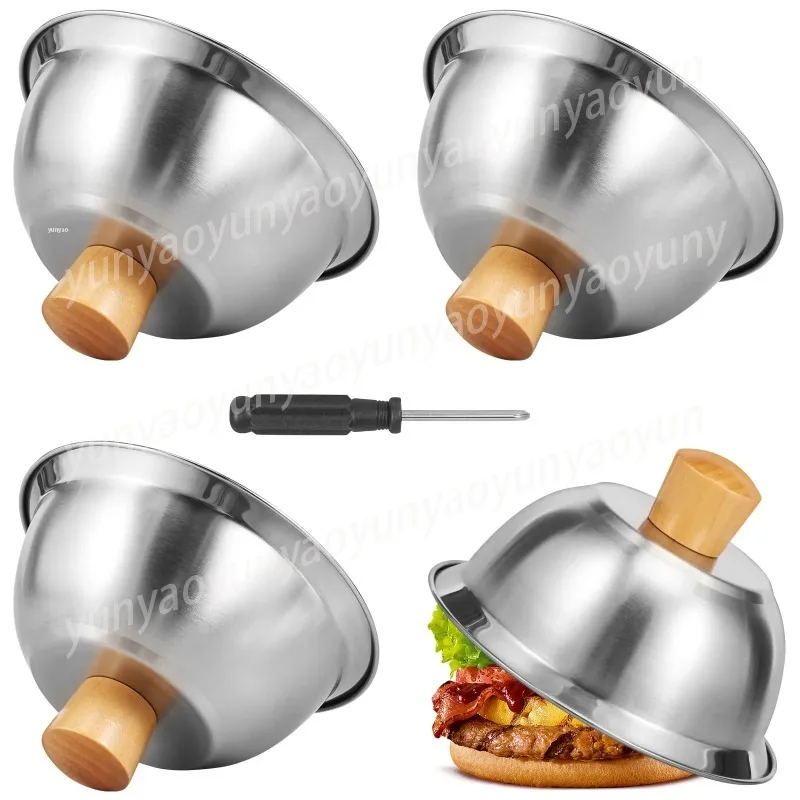 4 Pcs Burger Covers with Bamboo Handle Stainless Steel Basting Cover Round Cheese Melting NM182