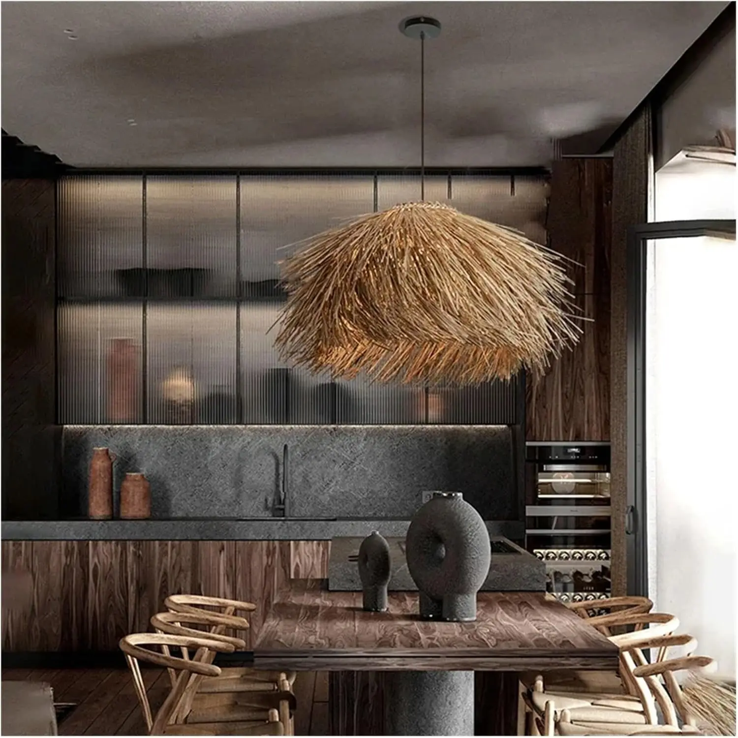 JOYINLED 50cm Coffee Handwoven Rattan Chandelier, Hemispherical Hat Vintage Modern Pendant Light for Restaurant Bar Living Room