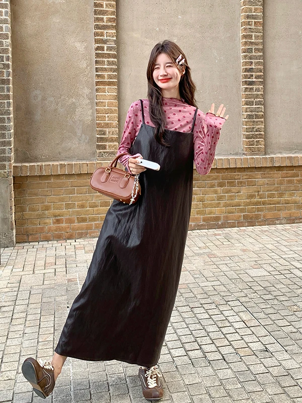 

Café Brown Polka Dot Strap Dress Women's Spring Autumn Two-Piece Set High Waist Commute Style Long Skirt Korean Version