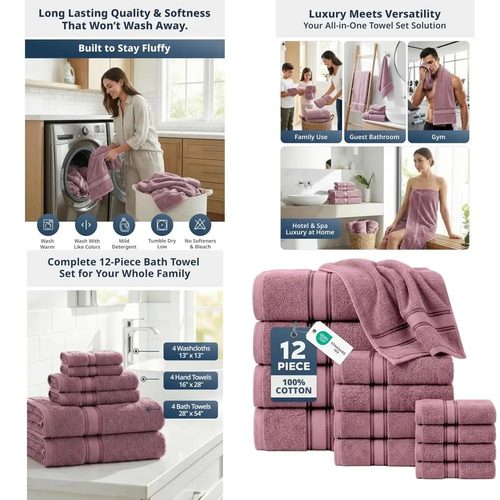 

Набор из 12 хлопковых полотенец: 4 банных, 4 для рук, 4 для умывания, роскошный гостиничный стиль, идеально подходит для подарков, можно стирать в машине, цвет: малиновый.