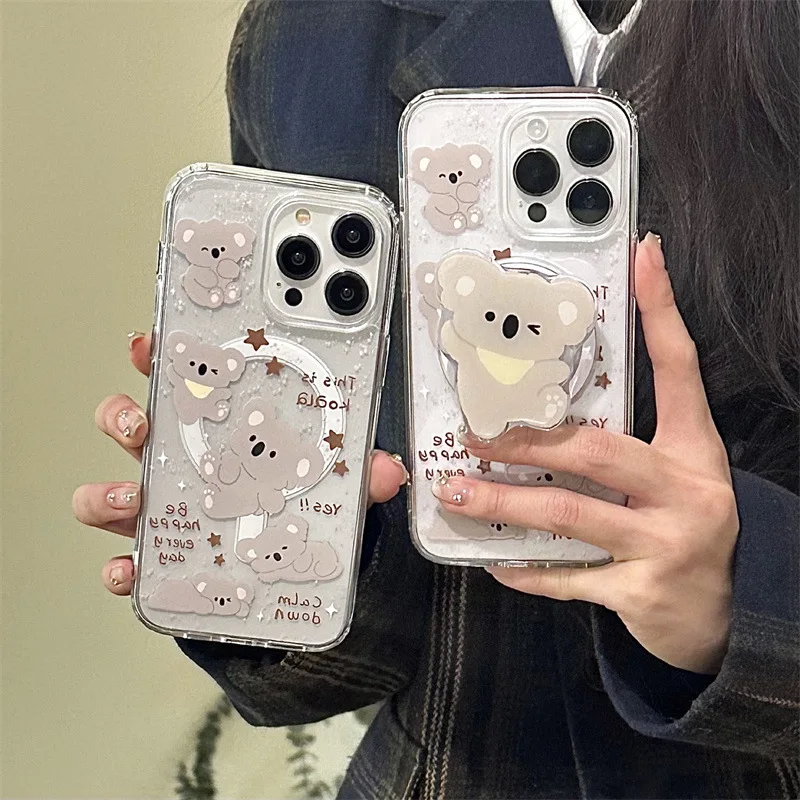 Magnetic cartoon splashed ink koala phone case with holder For iPhone 11 12 13 14 15 16 pro max